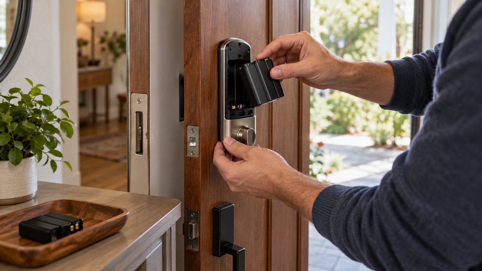 Sustitución de la alimentación de una cerradura electrónica con la puerta abierta.
