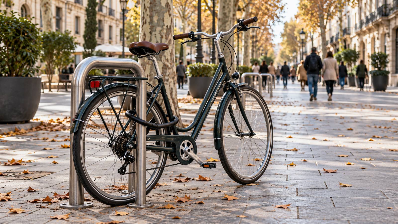 Bicicleta urbana unida por el cuadro y una rueda a un aparcabicis fijo mediante un candado rígido, en una calle despejada.