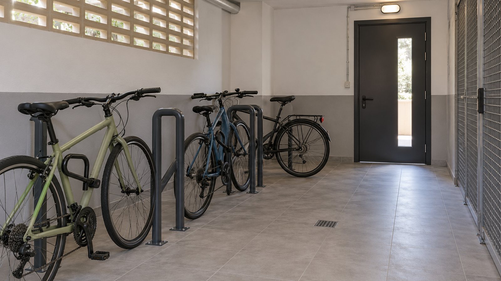 Bicicletas con candados junto a soportes fijos en un cuarto comunitario con paso despejado