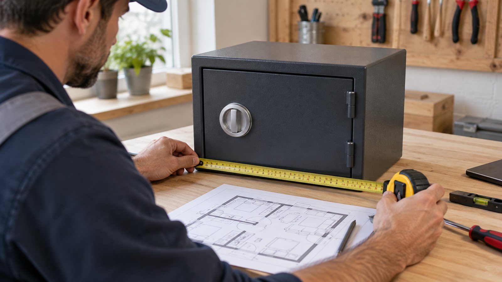 Un técnico planifica las medidas de una caja fuerte cerrada sobre una mesa.