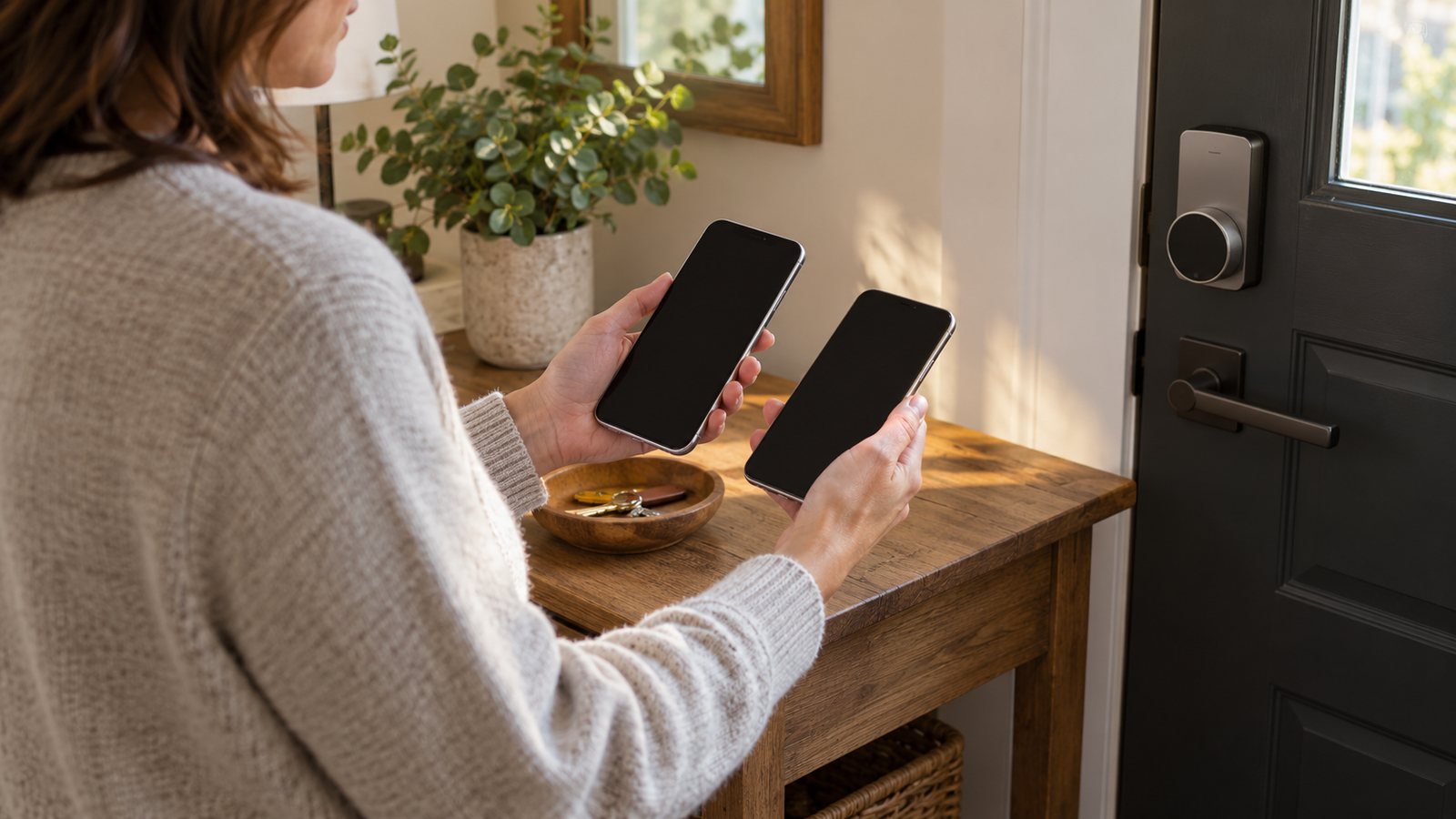 Dos teléfonos sobre una mesa del recibidor junto a una puerta con cerradura inteligente