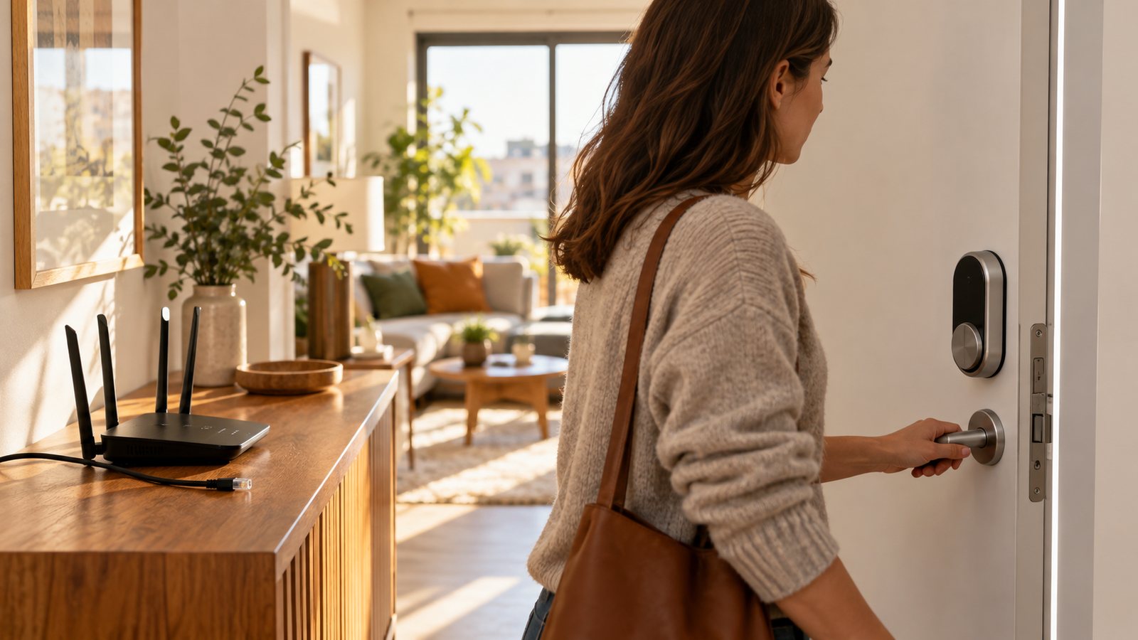 Cerradura electrónica y router doméstico en el interior de una vivienda.