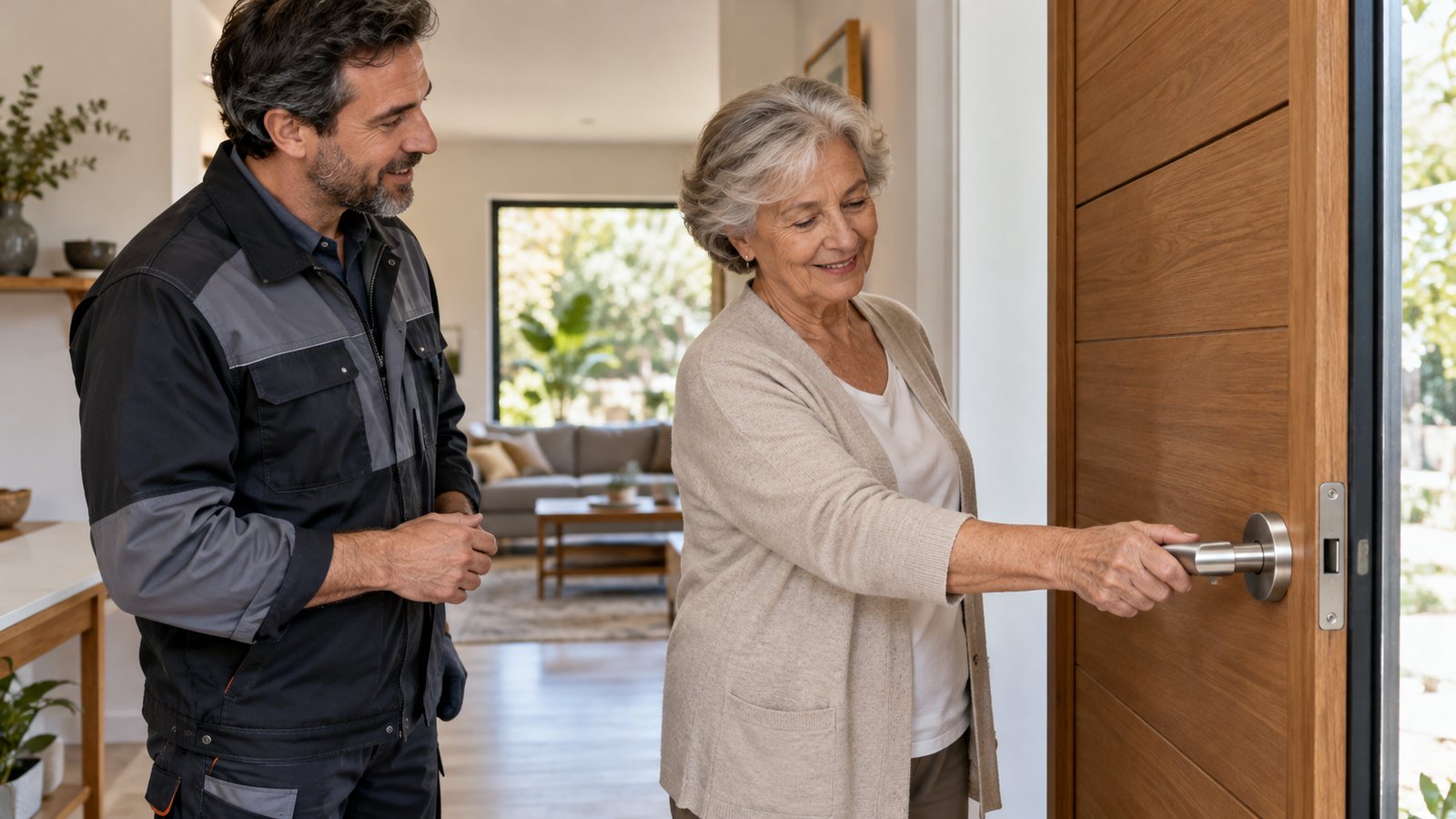 Comprobación de la comodidad de uso de una puerta con una persona mayor.