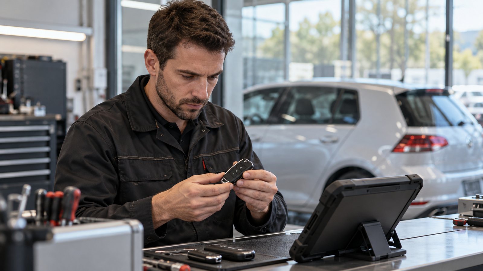 Especialista revisando una llave de automóvil en un taller.