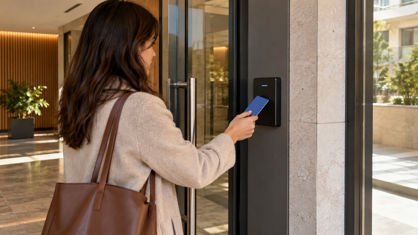 Una persona utiliza una tarjeta de acceso en el portal de un edificio.