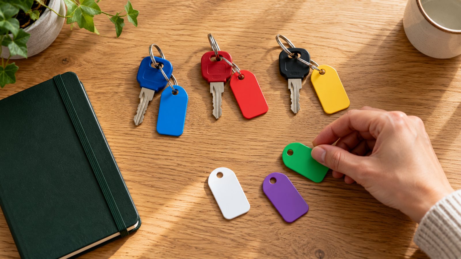 Una mano organiza llaveros con etiquetas lisas de colores sobre una mesa de madera.