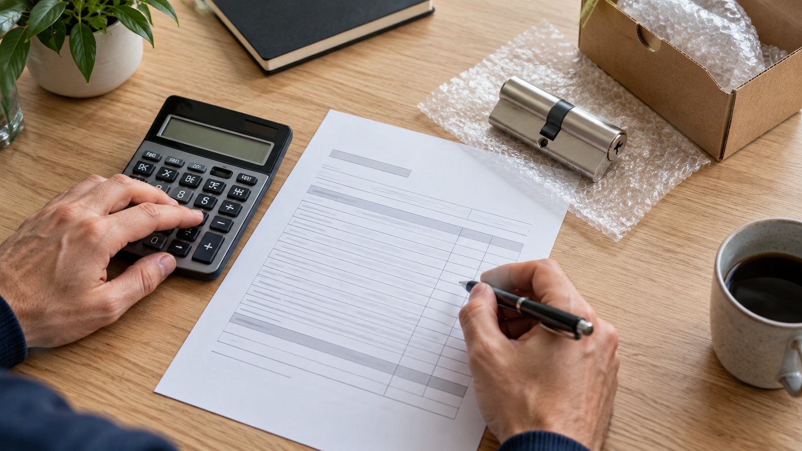 Factura, calculadora y material de cerrajería sobre una mesa.