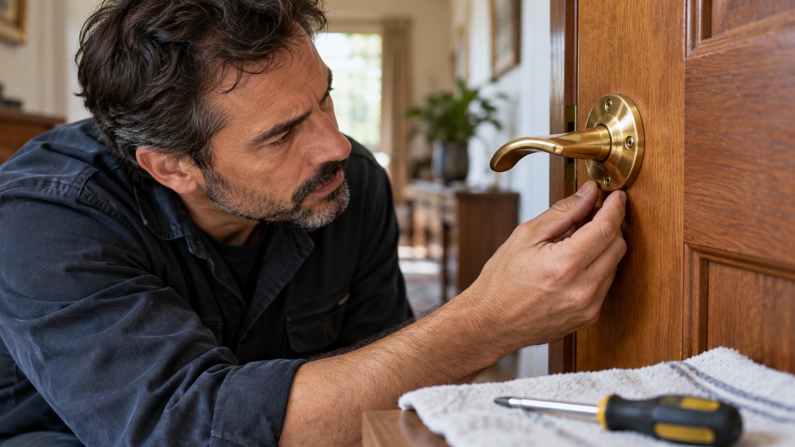 Inspección de la fijación de una manilla de puerta.