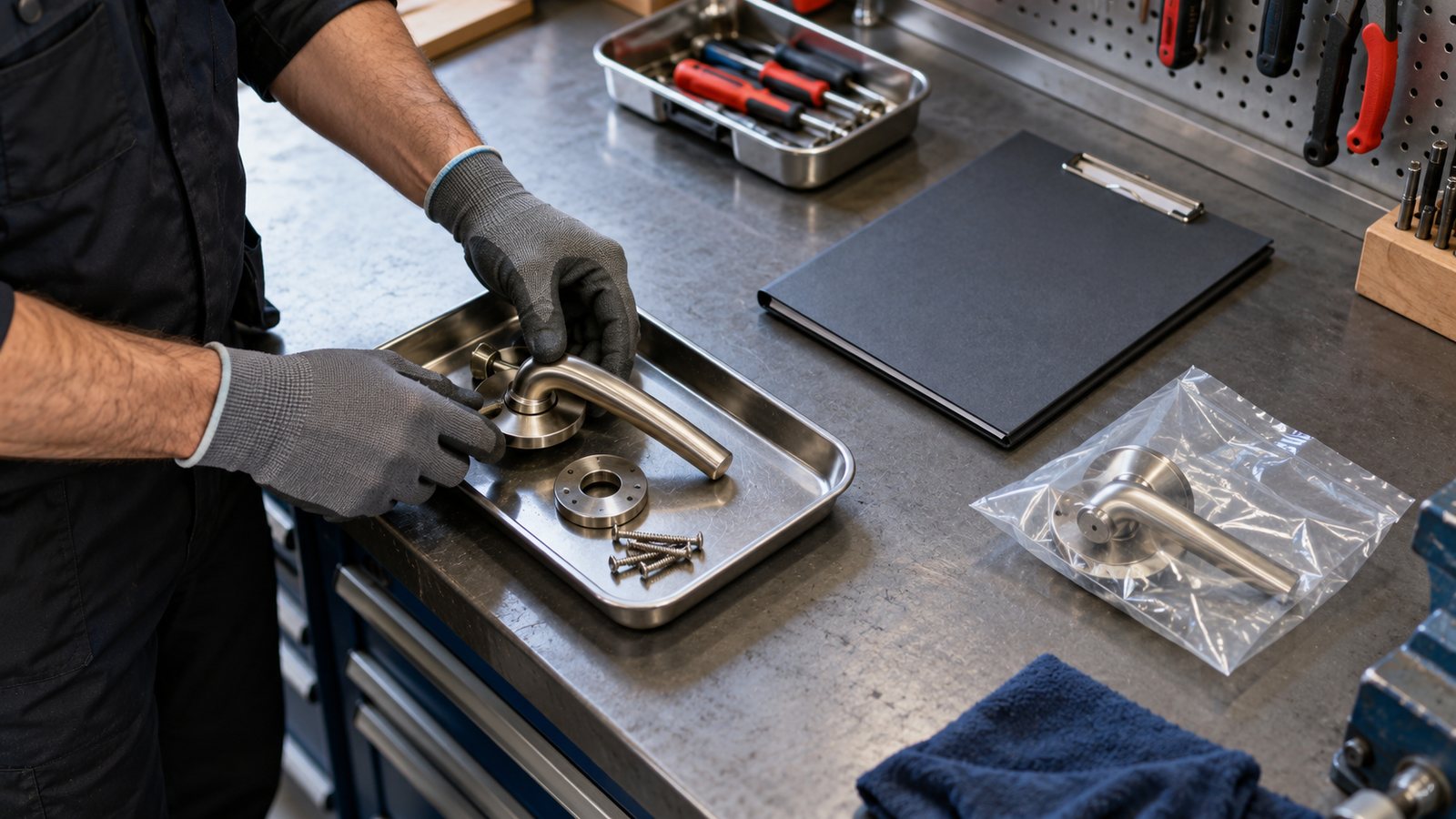 Un técnico coloca una manilla usada y tornillos en una bandeja separada de los repuestos nuevos.