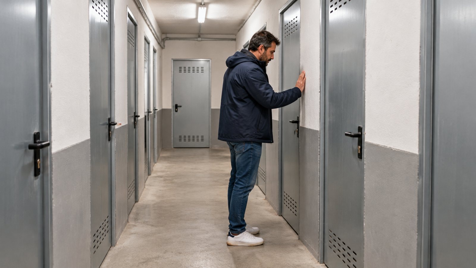 Pasillo de trasteros con puertas individuales en una comunidad.
