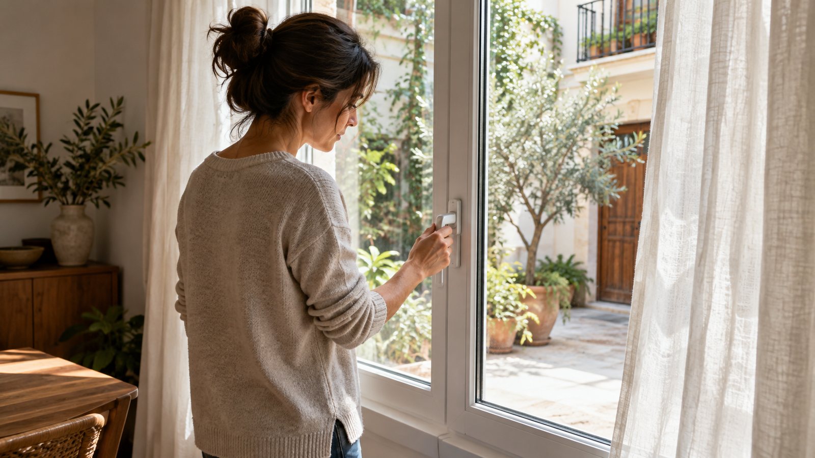 Comprobación del cierre de una ventana que da a un patio interior.