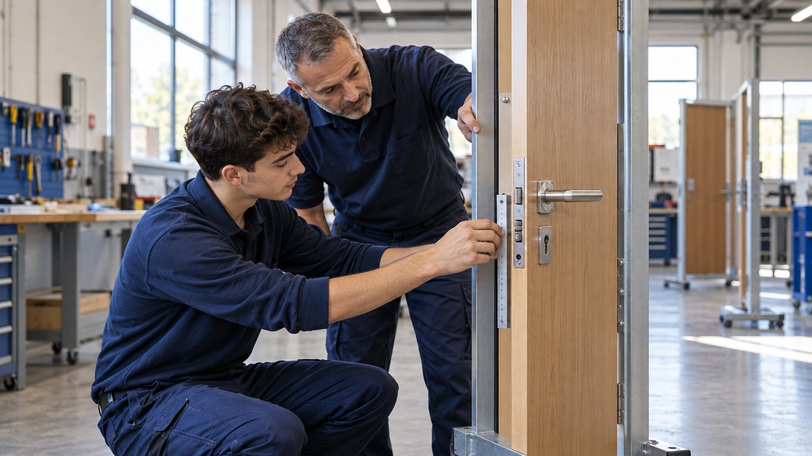 Aprendiz e instructor revisan una puerta en un taller de formación.