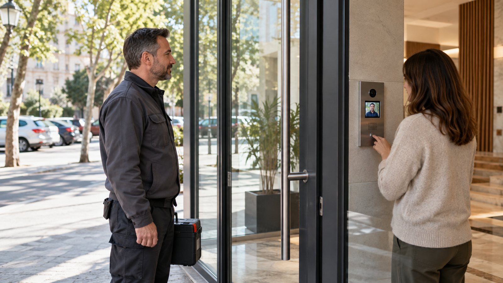 Verificación de una visita técnica antes de dar acceso a un edificio.